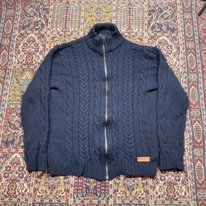 Peregrine Mens XL Navy Blue Cable Knit Full Zip Wool Cardigan Made in England